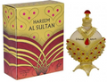 Harem Al Sultan perfume bottle and its decorative packaging box. The bottle is ornate gold with red jewel-like accents and a red cap, while the box features a matching gold and red patterned design with the text 'HAREEM AL SULTAN'.