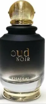 Khalil Oud Noir perfume bottle with a black-to-clear gradient glass body, a metallic gold cap, and gold lettering on the front.