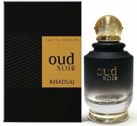 Oud Noir Eau de Parfum by Khalaj, featuring a black gradient glass bottle with a metallic gold cap next to its black packaging box with a gold label.
