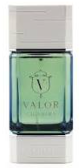 A rectangular glass perfume bottle with a silver cap and base, filled with a light green liquid. The front label features a gold crest with the word 'VALOR'.