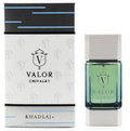 Valeur Chivalre by Khadlaj perfume bottle and its packaging box. The bottle is a dark green glass with a silver cap, and the box is white with black and blue accents.