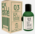 A green perfume bottle with a black cap stands next to its kraft paper packaging box. Both the bottle and box feature green and white branding that reads 'EX CLUSIVE', '03 GREEN', and 'LUXURY'.