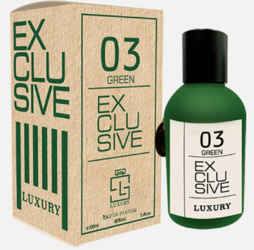 A green perfume bottle with a black cap stands next to its kraft paper packaging box. Both the bottle and box feature green and white branding that reads 'EX CLUSIVE', '03 GREEN', and 'LUXURY'.