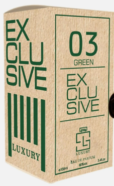 A square kraft paper box for a perfume or fragrance, printed with green text reading 'EXCLUSIVE', '03 GREEN', and 'LUXURY'. The box is shown at a slight angle against a plain white background.