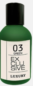 A green bottle with a black cap and a white label reading '03 GREEN EXCLUSIVE LUXURY'.