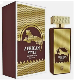 African Style Eau de Parfum bottle and its matching box packaging, featuring a gold and brown chevron pattern with a leopard graphic.