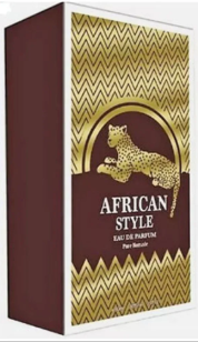 A rectangular perfume box for 'African Style' Eau de Parfum by Parfums de Marly, featuring a dark brown and gold chevron pattern with a gold leopards logo.