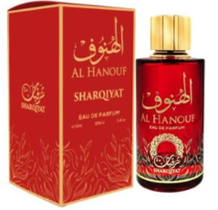 Al Hanouf Sharqayat perfume bottle and its red packaging box, featuring gold Arabic lettering and a gold cap.