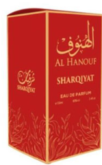 A red rectangular perfume box with gold Arabic and English text reading 'AL HANOUF SHARQIYAT' and 'EAU DE PARFUM', shown on a plain white background.