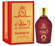 Sharqiyat Al Sultana Eau de Parfum bottle and its red and gold packaging box, featuring Arabic text and a gold cap.