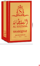 A red and gold box of Sharqiyat Al Sultana Eau de Parfum, shown against a plain white background.
