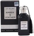 Luxury Amber & Leather Eau de Parfum bottle with a black body, silver cap, and black tassel, shown next to its black packaging box with a silver label.