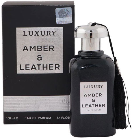 Luxury Amber & Leather Eau de Parfum bottle with a black body, silver cap, and black tassel, shown next to its black packaging box with a silver label.