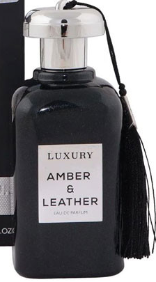 Luxury Amber & Leather Eau de Parfum in a black bottle with a silver cap and a black tassel, shown next to its black packaging box.