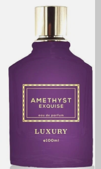 A purple perfume bottle with a shiny gold cap and a gold-bordered label reading 'AMETHYST EXOUISE' and 'LUXURY'.