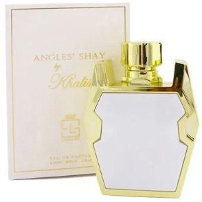 Angles' Shay by Khalil Eau de Parfum bottle with a gold metallic frame and white center, shown next to its cream-colored packaging box.