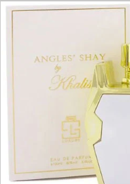 Angles' Shay by Khalil Eau de Parfum bottle with a gold cap and a white and gold box, shown against a white background.