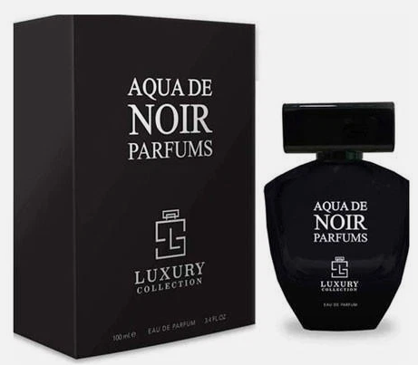 A bottle of Aqua de Noir Parfums Luxury Collection Eau de Parfum next to its black packaging box, featuring white text on a light gray background.