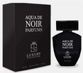 A bottle of Aqua de Noir Parfums Luxury Collection Eau de Parfum next to its black packaging box, featuring white text on a light gray background.
