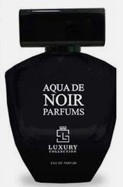 Luxury Collection Aqua de Noir Parfums Eau de Parfum in a black glass bottle with a black cap, featuring white text on a black background.