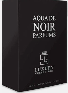 A black rectangular perfume box with white text reading 'AQUA DE NOIR PARFUMS' and 'LUXURY COLLECTION' on a plain white background.