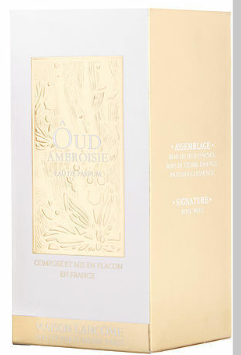 Lancôine Oud Ambroisie perfume box in white and pale gold packaging, showing the front label and side text.