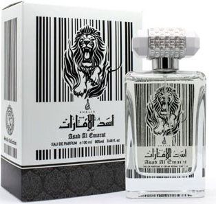 A bottle of Ash Al Tammar perfume with a matching box, both featuring a black and white striped design with a lion graphic.
