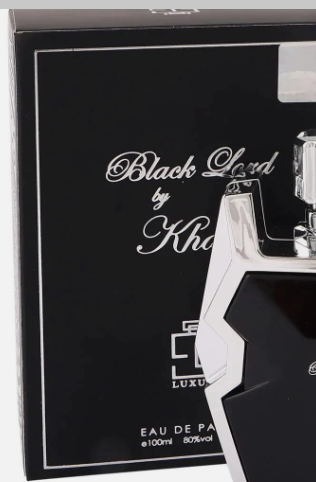 Black Lord by Khadii Luxur Eau de Parfum bottle and its black packaging box with silver lettering.