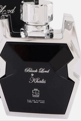Black Lord by Khalis Eau de Parfum bottle with a glossy black front panel, silver geometric frame, and clear cap, shown on a white background.