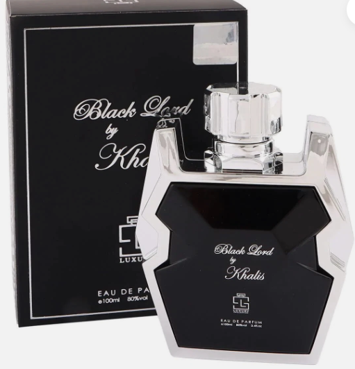 Black Lord by Khalis Eau de Parfum bottle with a faceted silver cap, shown in front of its black retail box with silver lettering.