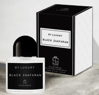 A perfume bottle and its matching box for 'Black Zafaran' by 'By Luxury', shown on a light gray surface against a neutral background.