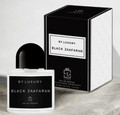A perfume bottle and its matching box for 'Black Zafaran' by 'By Luxury', shown on a light gray surface against a neutral background.
