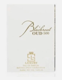 A white rectangular perfume bottle label with elegant gold script reading 'Blackroot Oud 500' and additional gold text near the bottom, shown against a plain white background.