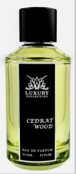 A bottle of Luxury Collection Cedrat Wood Eau de Parfum with a black cap and black label, containing a pale yellow-green liquid, set against a plain white background.