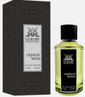 Luxury Collection Cedrat Wood Eau de Parfum shown with its black textured box and the clear glass bottle containing pale yellow-green liquid, on a light gray background.