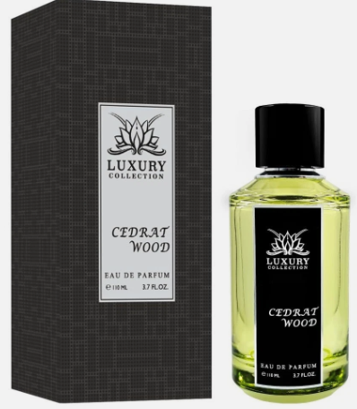 Luxury Collection Cedrat Wood Eau de Parfum shown with its black textured box and the clear glass bottle containing pale yellow-green liquid, on a light gray background.
