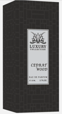 A rectangular dark charcoal-gray box with a subtle grid pattern, featuring a central white label that reads 'LUXURY COLLECTION' and 'CEDRAT WOOD EAU DE PARFUM'.