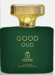 Luxury Scents Good Oud Eau de Parfum in a dark green bottle with a shiny gold cap, featuring gold lettering on the front.