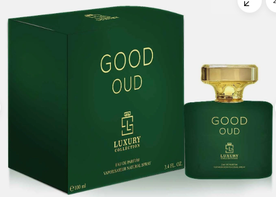 Luxury Collection Good Oud Eau de Parfum shown with its dark green box and matching bottle featuring gold lettering and a gold cap.