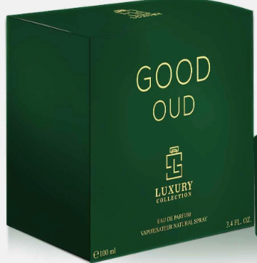 A dark green rectangular perfume box with gold lettering that reads 'GOOD OUD' and 'LUXURY COLLECTION', shown on a white background.