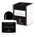 A bottle of BY LUXURY GYPSY MAN Eau de Parfum with a black cap and white bottle, shown next to its black and white packaging box.