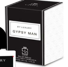 A luxury Gypsy Man cologne box in black and white packaging, with a small bottle of the fragrance partially visible in the foreground on a white background.