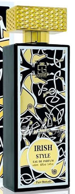 A bottle of Irish Style Eau de Parfum by GQ Men, featuring a black rectangular bottle with a gold and black abstract patterned label, a gold cap, and a matching gold and black box in the background.