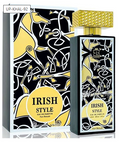 Irish Style Pure Nootrape Eau de Parfum bottle and its matching box, featuring a black and yellow abstract pattern with white lines and a gold cap.
