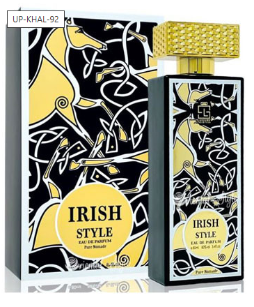 Irish Style Pure Nootrape Eau de Parfum bottle and its matching box, featuring a black and yellow abstract pattern with white lines and a gold cap.