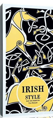 A rectangular perfume box or packaging design with an abstract Irish-style illustration in black, white, and mustard yellow. The front prominently reads 'IRISH STYLE' with smaller text 'EAU DE PARFUM' and 'Parfums de Marly' near the bottom.
