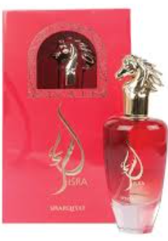 A bottle of Eslava Marqueton perfume with a horse-shaped cap, shown next to its red packaging box with a horse emblem.