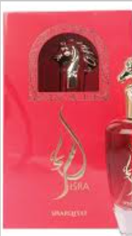 A red perfume bottle with a gold horse-head cap next to its matching red box featuring a gold horse emblem and the brand name Jisra.