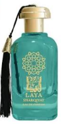 A turquoise green bottle of Laya Shamsafar perfume with a gold cap and tassel, set against a plain white background.