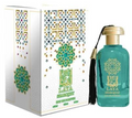 Laya Sharqay perfume bottle and its decorative packaging box. The bottle is a translucent teal green with a gold cap and tassel, and the box is white with gold and green geometric patterns.